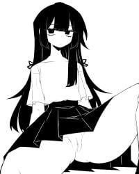 1girls absurd_res ai_generated ass asymmetrical_hair black_and_white black_eyes black_hair black_skirt falsegate flat_chest flat_colors flat_shading ghost_and_pals highres long_hair mariyam_(qualia_automata) monochrome mv_character one_leg_raised one_leg_up pleated_skirt pussy qualia_automata raised_leg remake self_upload short_sleeves shoulders simple_background sitting skirt solo stable_diffusion team_6x111 thick_thighs upskirt vane_lily white_background white_shirt white_skin