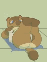 2025 alcohol animal_crossing anthro asian_clothing ass balls beverage blue_eyes blush bottle breasts brown_body brown_fur cafongterua canid canine clothing container cushion digital_media_(artwork) drunk east_asian_clothing fundoshi fur genitals japanese_clothing lying lying_on_ground lying_on_pillow male mammal nintendo nipples on_ground pawpads paws pillow pubes pubes_on_butt raccoon_dog raised_leg sake sake_bottle simple_background solo substance_intoxication tail tanuki tom_nook_(animal_crossing) underwear
