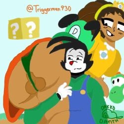1boy 1femboy 2boys ass_focus ass_grab balls bubble_ass bubble_butt cosplay cosplay_alien dakko_(dakkodanth) dakkodanth fanart fat_ass grab_ass grabbing jaycee_(triggerman930) luigi_(cosplay) male mario_(series) princess_daisy_(cosplay) super_mario_world yoshi