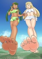 2girls barefoot bikini blonde_hair city dakunart giantess green_hair lillie_(pokemon) macro mallow_(pokemon) mountain pokemon swimsuit walking
