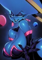 1girls alien alien_girl bald big_head blue_skin breasts buzz_lightyear_of_star_command cowboy_shot disney eyeshadow female female_only gofa gravitina grin hands_on_hips hyper_head large_breasts leotard lipstick looking_at_viewer makeup pixar purple_eyeshadow solo solo_female