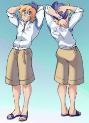 beanie blonde_hair blue_eyes front_and_back fully_clothed gradient_background hands_behind_head large_ass looking_at_viewer male_focus male_only multiple_angles no_visible_genitalia oc sandals shorts smile solo_male sports_jacket wristband yuunsfw
