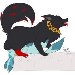 1:1 69_position absurd_res animal_genitalia animal_penis artyom_(thebonemaker) balls bed big_balls black_body black_fur blue_blush blue_body blue_fur blue_pawpads blush canid canine canine_genitalia canine_penis canis chains closed_eyes collar cyber_comet duo eeveelution feral fluffy fluffy_tail fur furniture generation_4_pokemon genitals glaceon gold_(metal) gold_chain hi_res knot knotting leg_markings looking_forward looking_pleasured lying male male/male male_on_bottom male_on_top mammal markings narrowed_eyes nintendo on_back on_bed on_bottom on_top oral oral_knotting oral_penetration pawpads penetration penis pokemon pokemon_(species) sex simple_background size_difference socks_(marking) squint tail tongue tongue_out wolf