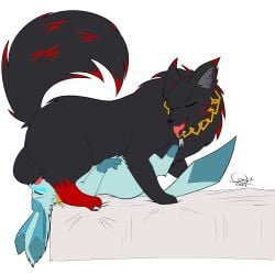1:1 69_position absurd_res animal_genitalia animal_penis artyom_(thebonemaker) ass balls bed big_balls big_butt black_body black_fur blue_blush blue_body blue_eyes blue_fur blush canid canine canine_genitalia canine_penis canis chains closed_eyes collar cyber_comet deep_throat duo eeveelution fellatio feral fluffy fluffy_tail fur furniture generation_4_pokemon genitals glaceon gold_(metal) gold_chain hi_res knot knotting leg_markings looking_back lying male male/male male_on_bottom male_on_top mammal markings narrowed_eyes nintendo on_back on_bed on_bottom on_top open_mouth oral oral_knotting oral_penetration penetration penile penis pokemon pokemon_(species) sex sheath simple_background size_difference socks_(marking) squint tail tongue tongue_out wolf