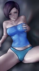 1girls alpoo breasts brown_hair cameltoe cleavage female female_only jill_valentine jill_valentine_(julia_voth) looking_at_viewer panties pussy_visible_through_panties resident_evil resident_evil_3 solo spread_legs tubetop