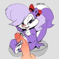 1boy blush breasts disembodied_penis feet female flat_chest footjob furry grey_background licking long_hair male nude penis precum purple_eyes purple_hair sitting solo_focus straight toes tongue tongue_out topknot uncensored very_long_hair