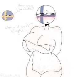1girls big_breasts blue_eyes blush countryhumans countryhumans_girl finland_(countryhumans) looking_away pink_nipples thick_thighs towel white_background white_body white_skin white_towel xx.canada.xx