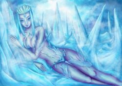 blue_eyes blue_skin breasts female ice lying medium_breasts monster_girl on_side solo water