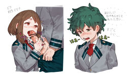 1boy balls bar_censor blush blush_stickers brown_eyes brown_hair canon_couple censored clothed_sex fellatio female green_eyes green_hair half-closed_eyes handjob heart highres izuku_midoriya m_(mhws) my_hero_academia ochako_uraraka open_mouth oral pants_down penis penis_grab pointless_censoring school_uniform sex simple_background split_screen straight sweat text translation_request u.a._school_uniform white_background