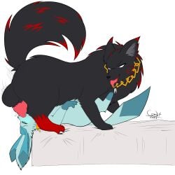 1:1 69_position absurd_res animal_genitalia animal_penis artyom_(thebonemaker) ass balls bed big_balls big_butt black_body black_fur blue_blush blue_body blue_eyes blue_fur blue_pawpads blue_tongue blush canid canine canine_genitalia canine_penis canis chains collar cyber_comet deep_throat duo eeveelution fellatio feral fluffy fluffy_tail fur furniture generation_4_pokemon genitals glaceon gold_(metal) gold_chain grey_body grey_fur hi_res knot leg_markings looking_back lying male male/male male_on_bottom male_on_top mammal markings nintendo on_back on_bed on_bottom on_top open_mouth oral oral_penetration pawpads penetration penile penis pokemon pokemon_(species) sex sheath simple_background size_difference socks_(marking) tail tongue white_background wolf