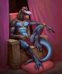 anthro barefoot biped black_body blue_body blue_tail bottomwear bracelet clothing crown erection erection_under_clothing feet fingers headgear hi_res jewelry klongi loincloth male mouth_closed multicolored_body orange_eyes pupils scales scalie solo tail