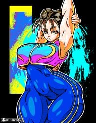 1girls armpits arms_up asian asian_female bangs big_breasts black_background breasts brown_eyes brown_hair capcom child_bearing_hips chinese chinese_female chun-li clothes curvaceous_figure curvy hair_bun large_breasts pixel_art skin_tight solo standing street_fighter street_fighter_alpha th3gadfly thick_thighs thigh_gap twin_buns voluptuous watermark wide_hips