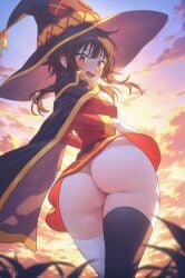 absurd_res ai_generated ass ass_focus asymmetrical_legwear back backlighting bandaged_leg bandages belt black_belt black_cape black_hair black_headwear black_thighhighs blue_sky blurry blush bottomless breasts brown_belt brown_hair button_eyes cape clothes_lift cloud cloudy_sky covered_nipples cowboy_shot dress dress_lift dusk embarrassed evening female from_behind from_below gloves gradient_sky grass hat huge_ass kono_subarashii_sekai_ni_shukufuku_wo! long_hair long_sleeves looking_at_viewer looking_back looking_down medium_breasts medium_hair megumin ministro mismatched_legwear no_panties open_mouth orange_sky outdoors red_dress red_eyes short_dress short_hair short_hair_with_long_locks sidelocks single_thighhigh skindentation sky small_breasts smile solo standing sunset surprised sweat sweatdrop thick_thighs thighhighs thighs twilight twisted_torso uneven_legwear upskirt wavy_mouth wide_hips witch_hat yellow_sky