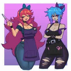 2girls belt big_breasts choker clothed clothing docecaedrus female piercing re-logic ripped_clothing ripped_pants scissors shimmered_stylist_(terraria) stylist_(terraria) terraria thick_thighs