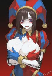 ai_generated blush clown_costume clown_girl covering_breasts embarrassed jester kizirugai large_breasts mechanical_arms pomni_(the_amazing_digital_circus) symbol-shaped_pupils the_amazing_digital_circus torn_clothes