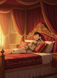 1girls ai_generated arm_behind_head bed bedroom black_hair brainwashing carmen_sandiego_(2019) carmen_sandiego_(franchise) curtains female female_focus female_only femsub glasses glowing glowing_eyes glowing_orange_eyes harem_girl harem_outfit hypnosis hypnotized_female julia_argent julia_argent_(carmen_sandiego) loincloth looking_at_viewer lying lying_down lying_on_back lying_on_bed mind_control orange_eyes short_hair slave slave_bikini slave_collar slave_girl slave_outfit slavekini solo solo_female solo_focus submissive submissive_female zupern0va_(manipper)
