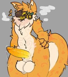 blush colored_fur fur_pattern furry gradient_penis heart musk_clouds orange_fur perineal_raphe precum precum_drip protogen solo solo_male tail thick_thighs