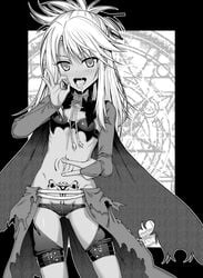 40010prototype blush breasts bridal_gauntlets cape chloe_von_einzbern cum cum_in_mouth dark-skinned_female dark_skin fate/kaleid_liner_prisma_illya fate_(series) female highres long_hair looking_at_viewer magic_circle monochrome navel open_mouth oral_invitation sexually_suggestive silver_hair small_breasts solo standing tattoo torn_clothes underwear