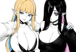 2girls big_breasts black_hair blonde_female blonde_hair blonde_hair blue_eyes blue_hair breasts choker cleavage elf elf_ears goth goth_girl gyaru hair_over_one_eye huge_breasts large_breasts lughost milf nail_polish nocturna pale-skinned_female pale_skin piercing pink_hair pointy_ears purple_eyes two_tone_hair wife wife_and_wife xaessya