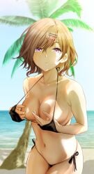 armpit_crease bare_arms bare_belly bare_legs bare_shoulders bare_thighs beach belly_button big_breasts bikini black_bikini blush breasts brown_hair closed_mouth collarbone covering_breasts covering_privates grabbing_own_breast hairpin higuchi_madoka idolmaster idolmaster_shiny_colors kio7798570 micro_bikini mole mole_under_eye ocean outdoors palm_tree short_hair side-tie_bikini_bottom smile string_bikini thighs water