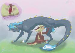 absurd_res animal_genitalia anthro anthro_on_feral arcticos arcticos_(character) balls blonde_hair blue_hair bodily_fluids brown_body claws clitoris close-up dragon duo fellatio female feral fur furred_dragon furred_kobold furred_scalie genital_fluids genitals grey_body hair hi_res horn kobold male male/female masturbation mythological_creature mythological_scalie mythology oral orgasm penile penis raised_leg red_eyes scales scalie sex sheath simple_background sitting spread_legs spreading tail vaginal_masturbation vaginal_penetration vulva yellow_eyes zoophilia