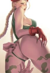 ass beret bodypaint bodysuit bodysuit_pull braided_hair british_female cammy_white capcom dantewontdie fingering fingering_pussy gauntlet gloves low-angle_view nipples pussy_juice pussy_juice_drip red_beret scar_on_face street_fighter tagme