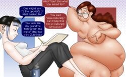 2022 2girls art_model bbw belly_overhang big_belly big_breasts black_pants brown_hair cfnf clothed_female_nude_female covering_breasts deep_navel duo english_text fat fat_female fat_fetish fat_girl fat_rolls freckles freckles_on_arms freckles_on_breasts freckles_on_thighs glasses light_skin light_skinned_female metropep modeling mug no_sex nude_model nude_modeling nudity obese_female original original_character ponytail pose posing rebecca_(metropep) shaded simple_background thick_thighs white_shirt zoe_(metropep)