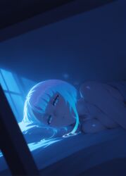 afterglow ai_generated bed bed_sheet blue_eyes blue_hair blush breast_press breasts breath cleavage completely_nude cyberpunk:_edgerunners cyberpunk_2077 dark eyeliner indoors large_breasts looking_at_viewer lucyna_kushinada lying makeup medium_breasts moonlight multicolored_hair night night_sky nude on_bed on_side parted_lips pillow red_eyeliner shiny_skin short_hair solo twoderrick under_covers white_hair window