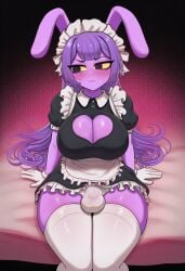 1futa ai_generated altra_x black bulge cleavage_cutout embarrassed eyes futanari glitch_productions gloves jax_(the_amazing_digital_circus) large_breasts long_hair looking_away maid maid_headdress on_bed purple_hair rule_63 shy sitting solo sweat the_amazing_digital_circus thighhighs yellow_sclera