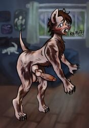 animal_genitalia animal_penis ball_tuft balls bedroom blush body_hair brown_body brown_fur brown_hair canid canine chest_hair chest_tuft fur genitals hair hi_res human male mammal mid_transformation notwhatevers nude nude_male open_mouth paws penis sheath skinny solo transformation transformed_cock tuft werecanid werecanine werecreature