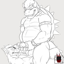 2boys anthro balls bara bowser canine cum cum_on_face duo furry gay koopa linkin_monroe male male_only mammal mario_(series) masturbation monochrome nintendo penile_masturbation penis scalie star_fox wolf wolf_o'donnell yaoi