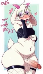 artist_signature blush deltarune desertkaiju femboy fishnets fur furry gay glasses goat heart horns lipstick painted_nails penis ralsei tank_top text undertale