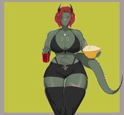 1girls abs beer big_breasts churs_665 green_skin lizard muscular original original_character red_eyes red_hair