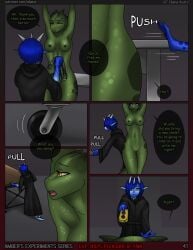 3_horns anthro aoiro_(eliana-asato) bald black_lips black_nipples blue_body blue_eyes blue_hair blue_scales breasts close-up clothed clothing comic comic_panel crokodile dialogue digital_media_(artwork) duo eliana-asato english_text female front_view genitals green_body green_scales hair hi_res horn lips lizard looking_at_another looking_at_viewer multi_horn nipples nude object_in_hand oleg_(eliana-asato) olivia_(eliana-asato) open_mouth reptile scales scalie short_hair small_breasts speech_bubble surprised_expression tail text yellow_eyes