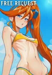 ai_generated athena_cykes bikini covered_nipples dm4freeairequests gyakuten_saiban hip_bones looking_at_viewer micro_bikini midriff navel ribs sweat
