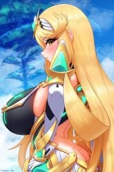 1girls armor armwear ass ass_cleavage big_breasts blonde_hair blush blush blush_lines boobs_and_butt_pose breasts busty butt_crack curvaceous curvy curvy_female curvy_figure eye_contact female female_focus female_only gloves hi_res high_resolution highres huge_breasts jewel large_breasts long_hair looking_at_viewer lukari miniskirt monolith_soft mythra mythra_(xenoblade) nintendo pov_eye_contact side_view sideboob skirt solo solo_female solo_focus tagme tiara tuft video_game_character video_games voluptuous voluptuous_female white_gloves xenoblade_(series) xenoblade_chronicles_(series) xenoblade_chronicles_2 yellow_eyes yellow_hair