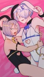 2boys aged_up alternate_costume bob_cut bulge bunny_ears bunnysuit crossdressing dilf father_and_child father_and_son femboy femboy_dilf getakichi grey_hair hair_ornament hair_over_one_eye half-closed_eyes handcuffs harness heart_cutout kitarou kitarou_tanjou_gegege_no_nazo leotard looking_at_viewer male male_playboy_bunny medama_oyaji_(human) one_eye_closed parent_and_child pink_background rabbit_hole_(vocaloid) short_hair tongue_out twink white_hair yaoi