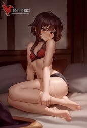 1girls 2d ai_generated ass back bare_shoulders barefoot big_ass bra brown_hair collar erophoenix female female_focus full_body kono_subarashii_sekai_ni_shukufuku_wo long_hair looking_at_viewer megumin pale_skin pale_skinned_female panties patreon_username red_eyes short_hair sitting small_breasts smile soles solo thick thick_thighs uncensored underwear