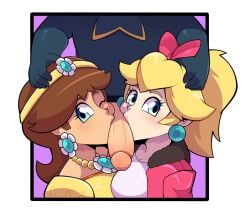 collaborative_fellatio double_fellatio duo golden_bag_nero mario_(series) mario_kart mario_kart_world nintendo princess_daisy princess_daisy_(oasis) princess_peach princess_peach_(touring) tagme