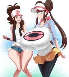 2girls baseball_cap black_pantyhose blue_eyes booty_shorts bottomwear breast_envy breasts breasts_bigger_than_head breasts_bigger_than_torso breasts_comparison breasts_focus brown_hair clothing donut_hair_bun double_bun female female_only game_freak hair_bun headwear highres hilda_(pokemon) hips huge_breasts matsumaruyama open_mouth pokemon pokemon_bw pokemon_bw2 ponytail raglan_sleeves ripped_shorts rosa_(pokemon) shirt shocked shocked_expression shorts sidelocks smile standing tank_top taut_clothes taut_shirt thighs tight_clothing twintails visor_cap walking white_tank_top wide_hips yellow_shorts