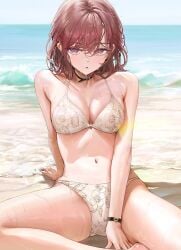 ame_(uten_cancel) bare_arms bare_belly bare_shoulders beach belly_button bikini blush breasts brown_hair choker cleavage collarbone higuchi_madoka idolmaster idolmaster_shiny_colors medium_breasts mole mole_under_eye ocean outdoors parted_lips purple_eyes short_hair sitting spread_legs thighs water wet_body white_bikini