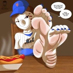 baseball baseball_cap baseball_hat baseball_uniform big_head big_nose black_eyes blue_toenails blushing_soles brown_hair brown_hair_female curled_toes dark_eyes dialogue dialogue_bubble feet_focus feet_on_table feet_together feet_up female female_focus female_only foot_fetish foot_focus hot_dog long_toenails married_female married_woman mascot maximus21 meaty_feet meaty_soles mrs._met mustard new_york_mets painted_toenails pale-skinned_female pale_skin pale_soles red_soles smirk smirking smirking_at_viewer smirking_face sore_soles sports sports_uniform steamy table text text_bubble toes_curled wrinkled_soles wrinkly_soles