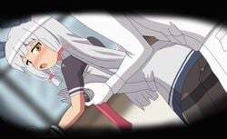 1boy admiral_(kantai_collection) animated animated ass black_legwear breast_grab brown_eyes clothed_sex doggy_style dress female gloves grabbing hangaku headgear kantai_collection long_hair murakumo_(kantai_collection) necktie pants pantyhose pink_necktie sailor_dress silver_hair thighband_pantyhose white_gloves white_pants