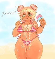 beach bikini breasts chubby chubby_female clumsy embarrassed_female female food_fetish food_on_body food_play ice_cream ice_cream_cone ice_cream_drip ice_cream_on_breasts micro_bikini nail_polish nervous_expression nervous_face original_character painted_nails summer sunburn sweat tan_body tan_skin tanline timinxiz_