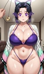 ai_generated bikini bikini_bottom bikini_top black_hair brainwashing clothing_aside demon_slayer empty_eyes hypnosis hypnosis kimetsu_no_yaiba kochou_shinobu mind_control pendulum pixai purple_bikini purple_hair squirting sweat sweatdrop sweating tagme two_tone_hair