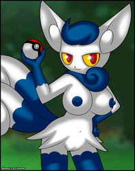 1girls 2015 2_tails anthro blue_fur blue_hair breasts feline female female_meowstic fur furry hair hand_on_hip holding meowstic multi_tail nintendo nipples nude outdoors poke_ball pokemon pokemon_xy pussy red_eyes solo standing text verona7881 white_fur yellow_eyes