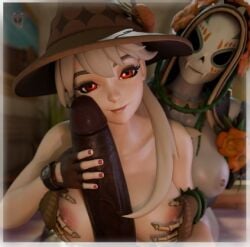 anonymous_male big_breasts big_dick catrina_(fortnite) dark-skinned_male female fortnite grabbing_dick grabbing_from_behind green_vines grey_body groping_breasts hood lexa_hexbringer_(fortnite) light-skinned_female male mexican_female older_female_and_younger_female orange_flower red_eyes skeleton_girl threesome