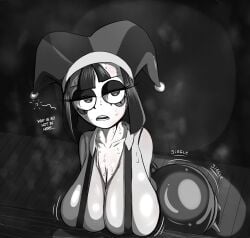 1girls akachandraw ass background big_ass big_breasts breasts clothed clothing greyscale hot jiggle jiggling_ass large_ass large_breasts musk pomni pomni_(the_amazing_digital_circus) shaking shaking_butt the_amazing_digital_circus