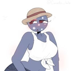 1girls aussie australia_(countryhumans) big_ass big_breasts blue_body blue_skin blush countryhumans countryhumans_girl hat looking_away red_eyes white_background white_shirt xx.canada.xx