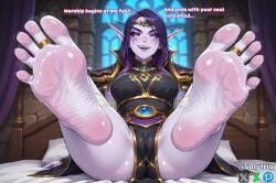 ai_assisted ai_generated bed big_ass big_breasts blizzard_entertainment cameltoe colored_sclera colored_skin elf english_text foot_fetish foot_focus foot_play foot_worship looking_at_viewer open_mouth pov pov_feet purple_eyes purple_hair purple_skin soles text toe_ring toenail_polish toes valytria void_elf warcraft wide_hips world_of_warcraft wrinkled_feet wrinkled_soles xal'atath